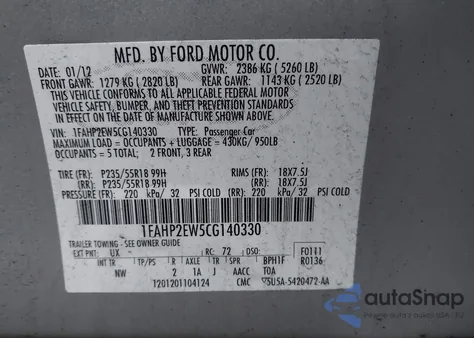 2012 Ford Taurus Sel z USA, uszkodzony, nr VIN 1FAHP2EW5CG140330